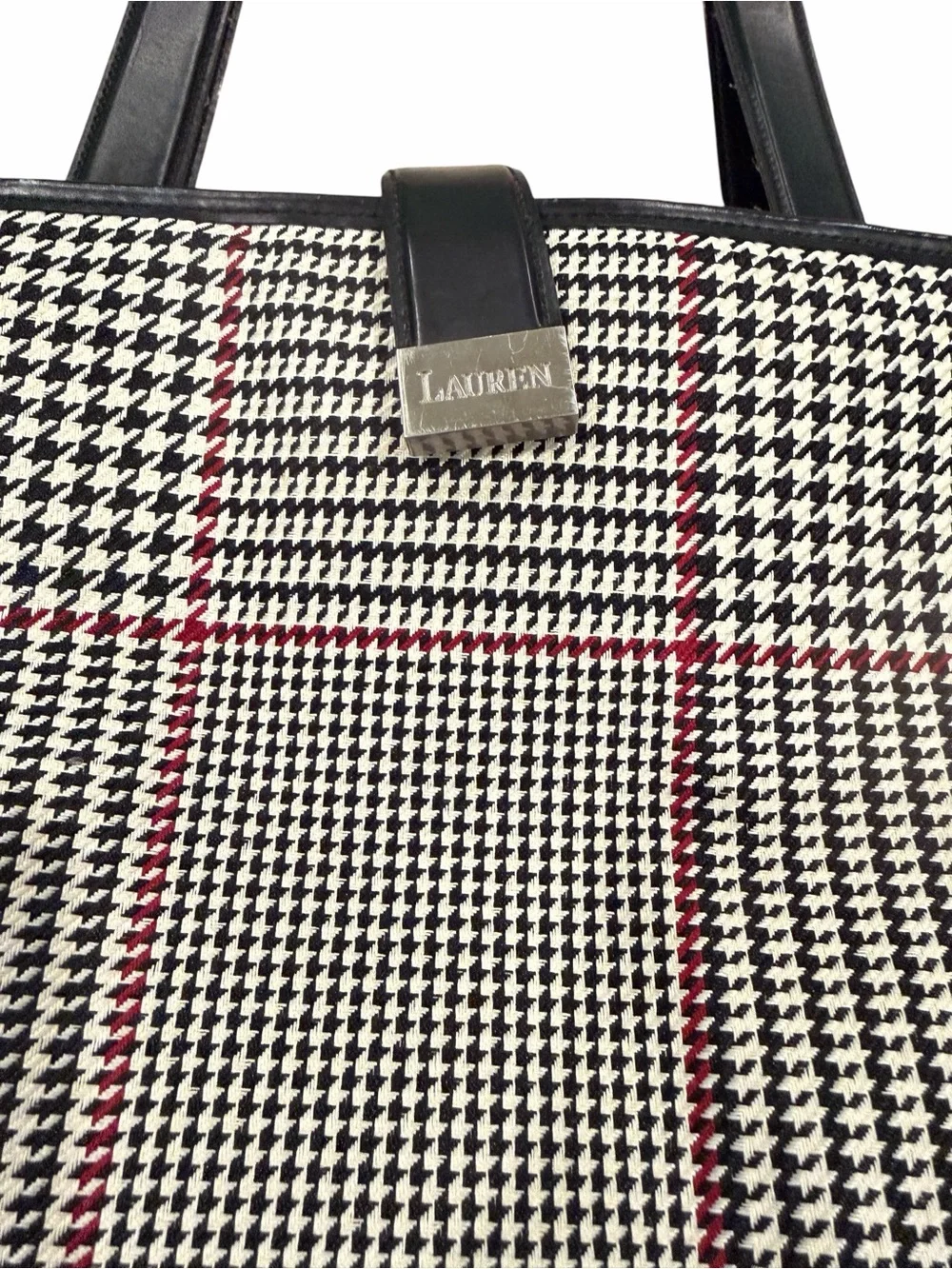 Lauren Ralph Lauren Houndstooth Tote Black White Red Snap, Lined Pockets